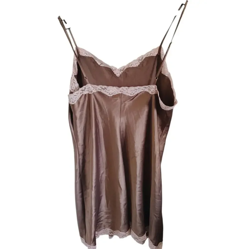 Vintage Satin Lace Trim Camisole Nightgown Slip Dress Taupe Adjustable Large